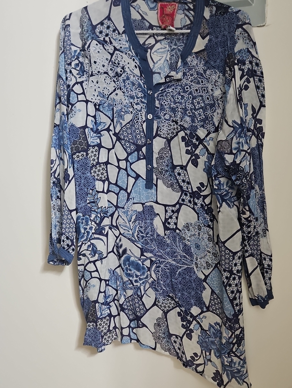 Johnny Was Blue Patchwork Floral Long Sleeve Tunic